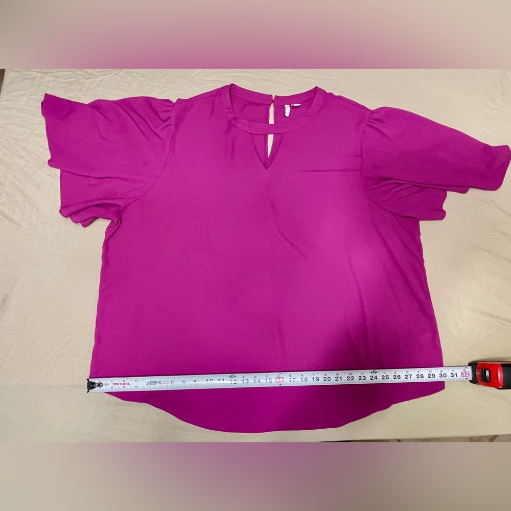 Purple Short Sleeve Blouse with Keyhole Neck and Flutter Sleeves, Plus 26/28W
